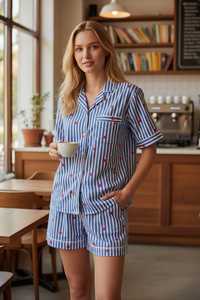 Ensemble de pyjama d'été en coton à rayures bleues et imprimé cœur pour femme, haut à manches longues et short, vêtements de nuit et de détente - Product Image 2