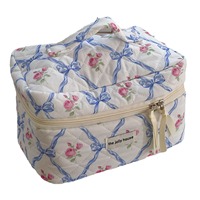 Tas Kosmetik Kapas Geometris Motif Bunga dengan Ritsleting Gaya Eropa Kapasitas Besar, Tas Penyimpanan Berlapis, Tas Jinjing Lembut Portabel