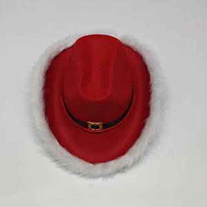 Chapeau de cowboy en velours rouge de style occidental pour Noël, costume de Père Noël avec bordure pour les fêtes et festivals - Product Image 5