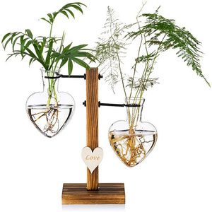 Dropshiping Hydroponic Glass Planter Heart Shaped Vase With Retro Solid Wood Stand <b>Flower</b> Pot for Home Wedding <b>Decor</b> - Product Image 1