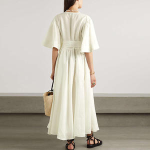 décontractée de luxe en coton élégante de haute qualité Manches évasées blanches Boutons couverts <span class=keywords><strong>Robe</strong></span> en lin pour femmes - Product Image 2