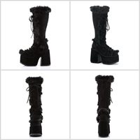 Bottes hautes en daim gothique d'hiver, bout rond, plateforme, neige, chaudes, talons épais, confort, à enfiler