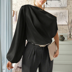 Blusa Elegante de Satén para Mujer, de un Solo Hombro, con Manga Abullonada, Corte Holgado, Color Negro Sólido, para Oficina, Todas las Temporadas - Product Image 3
