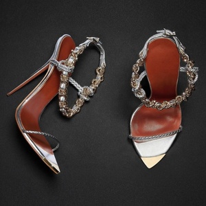 Sandales à talon aiguille pour femme, grande taille 45, à bride unique, avec bride de cheville en métal et strass, pour soirée, coupe large - Product Image 6