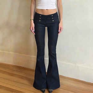 Y2K <b>vintage</b> low waist Napoleon button raw denim slim flared pants elegant fashion classic versatile long pants - Product Image 2