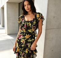 Robe longue en mousseline noire à volants et imprimé floral, dos ouvert, fente haute, pour femme grande taille, idéale pour soirée, mariage ou invitées