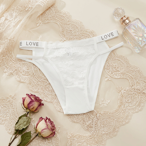 Culotte de bikini en dentelle blanche pour femme, avec ceinture imprimée LOVE en strass, fines bretelles latérales, taille basse, lingerie sexy pour femme - Product Image 3