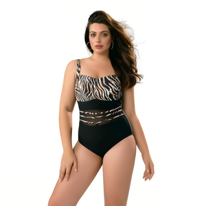 Costume da bagno intero HDJ Plus Size con controllo pancia, vita alta, stampa animalier, scollo quadrato in mesh, da donna BZ77081 - Product Image 1