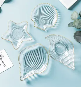 Shell Schotel Kristal Oceaan Serie Loodvrij Conch Vorm Met Gouden Rand Glas Plaat Snack Schotel