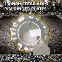 Assiette de Présentation Écologique Transparente de 13 Pouces à Bord Doré et Motif Floral en Dentelle pour Mariage, Fêtes et Banquets – Vaisselle en Plastique Économique