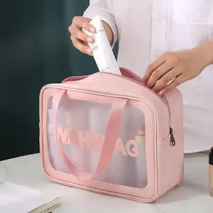 Custom PU PVC Waterproof Trip Black Toiletry Pouch Kits Women Luxury Beauty Large Makeup Bag Pink Girl Travel Clear Cosmetic Bag