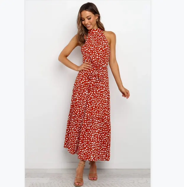 Летнее популярное Новое модное женское красное платье в горошек на шнуровке