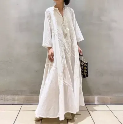 72925# 2023 V Neck Long Sleeve Loose Maxi embroidery linen dress Bohemian womens linen Long Dress abaya modest dress