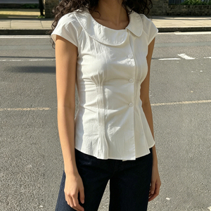 Chemisier plissé à col Peter Pan pour femme, taille ajustée, devant asymétrique, couleur unie, haut à manches courtes, décontracté, doux et polyvalent - Product Image 6