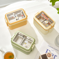 Kotak Makanan Kartun Dua Lapis Plastik dan Stainless Steel untuk Siswa Sekolah, Dewasa, Kantor, Kotak Makan Siang Bento, Wadah Makanan Anak