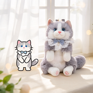 Giocattolo <span class=keywords><strong>Gatto</strong></span> <span class=keywords><strong>di</strong></span> Peluche Grigio e Bianco Xiou Kawaii, Gattino Realistico Imbottito con Colletto in Pizzo, Fiocco, Corona e Occhi Blu - Fornitore all'Ingrosso OEM ODM - Product Image 1
