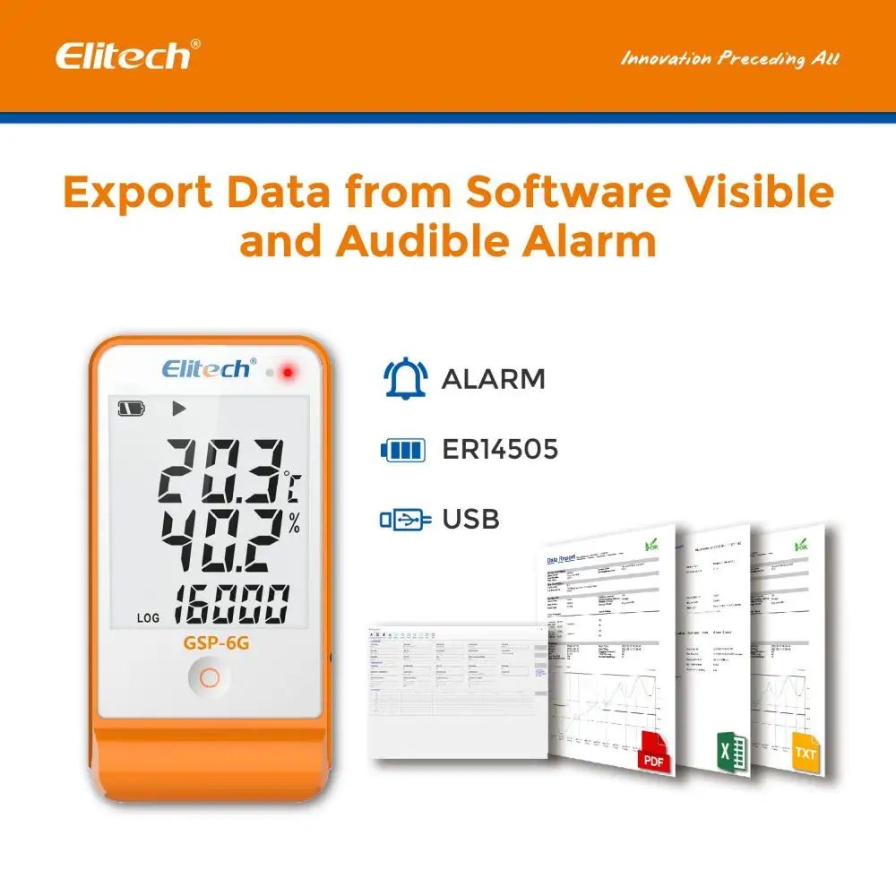 Elitech เครื่องบันทึกอุณหภูมิและความชื้นบนหน้าจอ LCD GSP-6G ใหญ่สำหรับเครื่องทำความเย็นและตู้เย็น