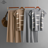 Ensemble deux pièces décontracté en maille patchwork Lumos Cross-Border, motif vague d'automne, lavable, pour femme, col rond, manches courtes, coupe décontractée