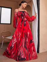 Robe élégante en mousseline de soie à manches lanterne et ourlet évasé avec imprimé aquarelle numérique et cravate à la taille pour la plage et formel