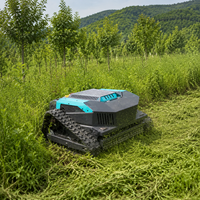 Robot tondeuse télécommandé sans fil à chenilles tout-terrain, alimenté à l'essence, pour la coupe de l'herbe en pente, dans les vergers et sur les terrains herbeux.