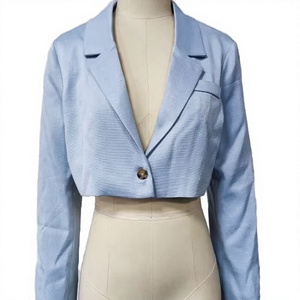 Veste courte élégante pour femme, bleu automne, tissée, imprimée, style rétro, blazer, 100% polyester, respirante - Product Image 3