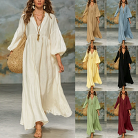 Robe longue de vacances Lazy Trend Siemia pour femme en coton et lin, col en V profond, manches à volants, coupe ample et ourlet large