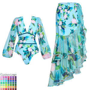 Maillot <span class=keywords><strong>de</strong></span> <span class=keywords><strong>bain</strong></span> une pièce <span class=keywords><strong>de</strong></span> luxe à manches longues avec imprimé floral et jupe, personnalisable, vente en gros, OEM, ODM, pour femme, tenue <span class=keywords><strong>de</strong></span> plage - Product Image 1