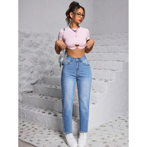 Women's Light Blue High <b>Elasticity</b> Straight Leg <b>Jeans</b> Medium Stretch Crouching Waist Japanese Korean Leisure Style - Product Image 1