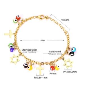Flywu — Bracelet en acier inoxydable, nouvelle collection, breloque, multi-breloque, en résine colorée, yeux maléfiques, perle, étoile de <span class=keywords><strong>David</strong></span> - Product Image 2