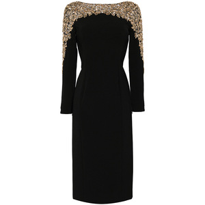 Disponibile Subito: Nuovissimo Abito Midi da Donna Tinta Unita, Maniche Lunghe e Scollo Rotondo, con Pregiata Lavorazione di Perline e Strass, Ideale per Ufficio e Casual - Product Image 1