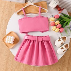 Conjunto de Verano para Niñas Estilo Europeo y Americano, Top con Tirantes, Falda Corta con Lazo y Cinturón, Tres Piezas - Product Image 3