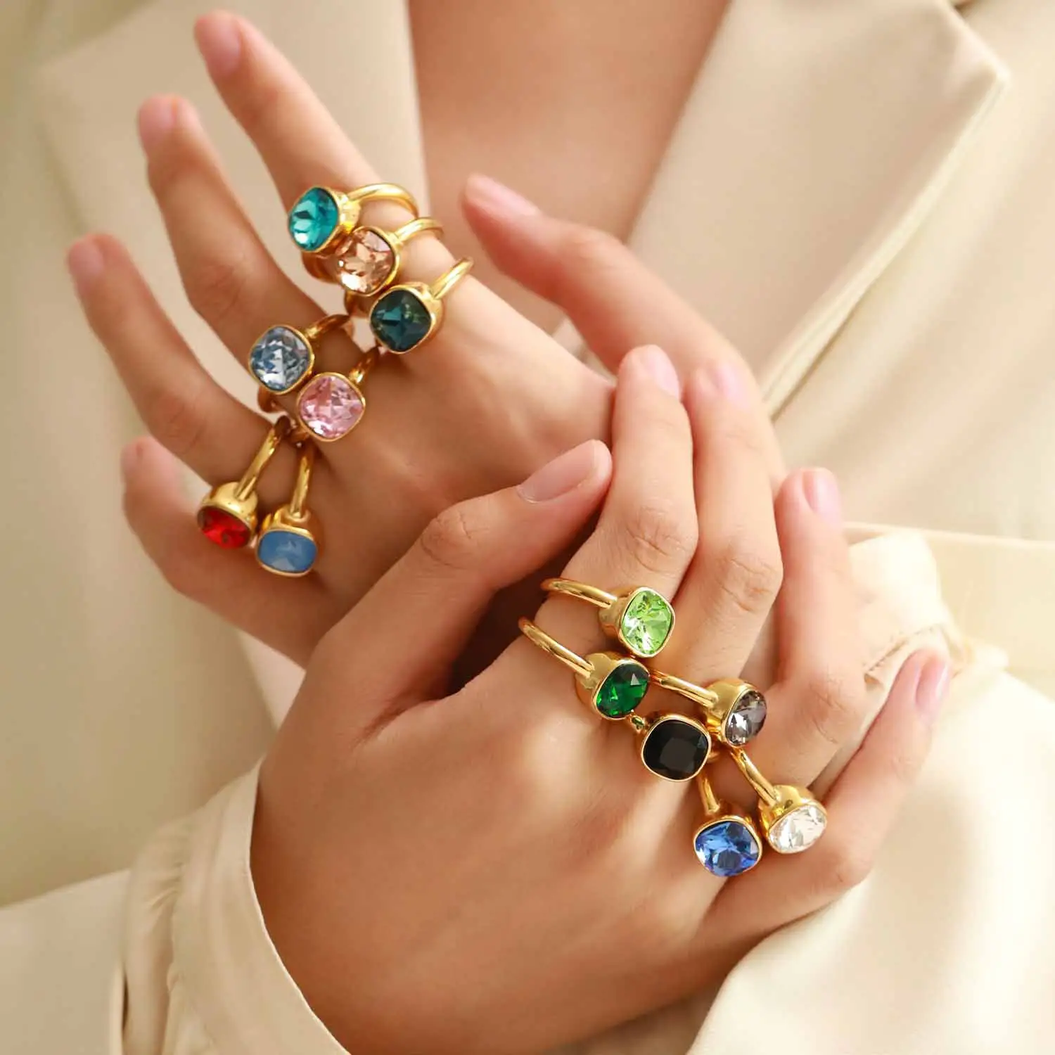 NUORO 하이 퀄리티 미니멀리스트 스테인레스 스틸 다채로운 보석 반지 패션 비 페이딩 골드 도금 큰 지르코니아 손가락 반지