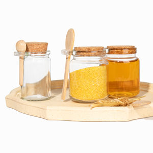 Personalizado 100mL 250ml Vacío Único Almacenamiento de alimentos Nueces Frutas Mermelada Especias Tarro de miel de vidrio con corcho y cuchara de madera - Product Image 5