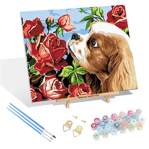 小狗闻红玫瑰卧室装饰画数字无框动物和花卉油画