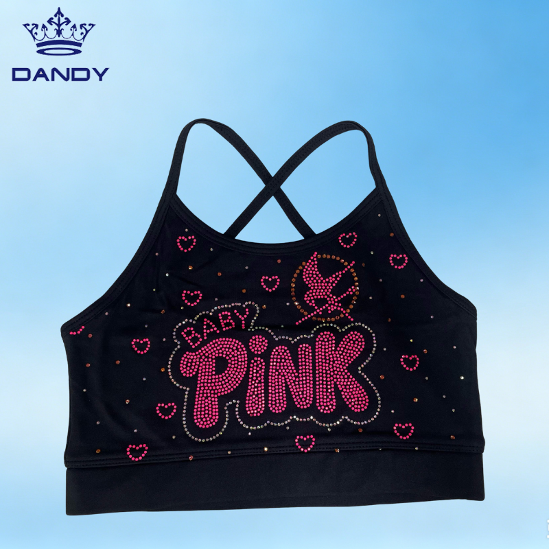 Custom Black Cross Back Sports Bra With Green Apple Rhinestone Logo Breathable Cheerleading Training Top For Girls And Women