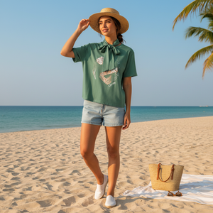 T-shirt di alta qualità da donna in maglia traspirante con colletto a fiocco in seta con scritta diamantata maglia sfuso raccolto Casual per l'estate - Product Image 3