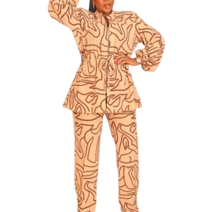 Elegant Commuting Stand Collar Printed Drawstring Waist Long-sleeve Women's Two-piece <b>Pants</b> Set Fashion - Product Image 3