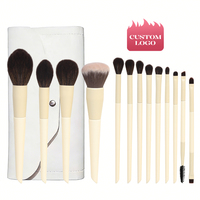 13Pcs OEM Set Kuas Makeup Gagang Kayu dengan Ferrule Aluminium Tebal dan Bulu Sintetis untuk Foundation, Concealer, Eyeshadow, dan Blending