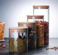 Récipients de stockage alimentaire en verre borosilicate résistant à la chaleur avec couvercle en bambou, boîte hermétique pour garde-manger, cuisine, épices, thé