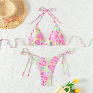 Traje de Baño de Dos Piezas con Cordones Florales Estilo Europeo Americano para Mujer, Bikini Nuevo con Logotipo en la Cintura, Parte Inferior Sexy con Estampado Floral - Product Image 1