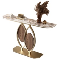 Table Console Simple Décorative pour Couloir Long, Dessus en Marbre, Base en Métal Noir et Or, pour Salon
