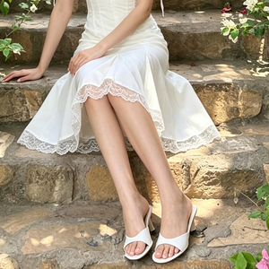 French Elegant Lace <b>Patchwork</b> Waist Defining Satin Moonlight White Mermaid Midi <b>Skirt</b> for Women - Product Image 3