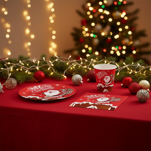 Joyeux Noël – Ensemble de vaisselle jetable 50 pièces : Assiettes, serviettes et gobelets en papier – Fournitures de fête de style dessin animé rouge - Product Image 2