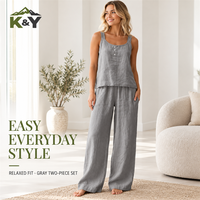 Ensemble 2026 style doux et uni, débardeur sans col boutonné et pantalon long, coupe ample, frais et confortable, toutes saisons, pour femme