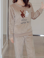 Pyjama d'hiver thermique en flanelle pour femme, 100 % polyester, 220 g, uni, ODM, avec cordon de serrage, col lisse, tricot doux, taille mi-haute, long