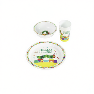 ชุดจานชามสำหรับเด็ก 3 ชิ้น ลายหนอนน้อยจอมตะกละ  ประกอบด้วย จาน ถ้วย ชาม ลาย Hello Friend สำหรับเด็ก - Product Image 2