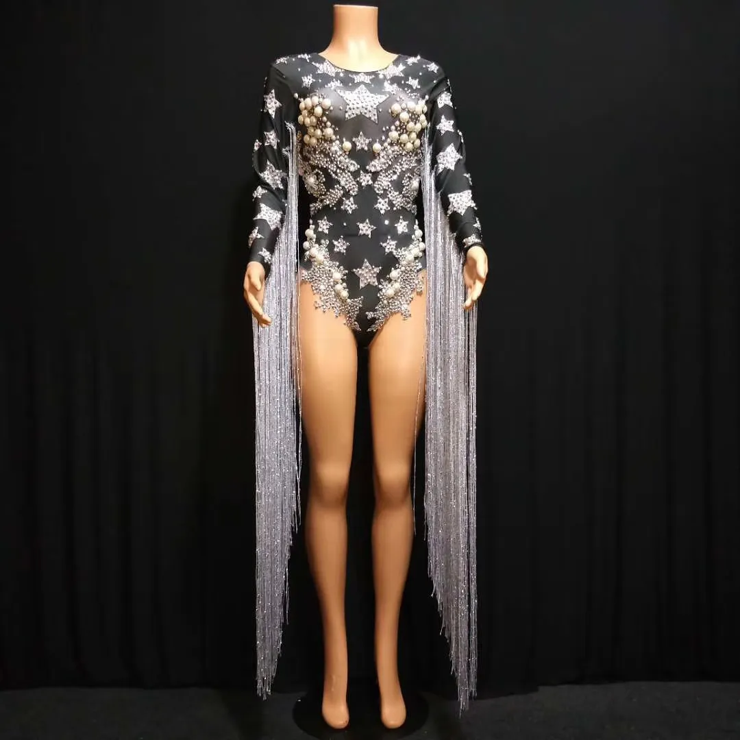 Leotardos Hot Sale Designer Rhinestone Tassel Rhinestone Bodysuit Stage Performance Showgirl Wear Women One Piece Short Jumpsuit