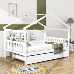 Lit enfant en pin massif pour fille et garçon, lit simple avec lit gigogne et barrière de sécurité, style minimaliste moderne pour usage domestique - Product Image 3