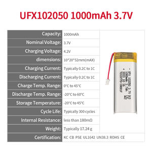 Batterie rechargeable <span class=keywords><strong>Li</strong></span>-Ion UFX 102050 3.7V KC CB PSE UL1642 UN38.3 ROHS <span class=keywords><strong>CE</strong></span> 1000mah Batterie polymère au lithium Lipo en gros - Product Image 2