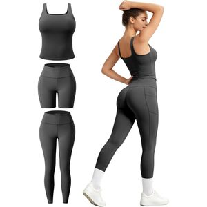 FOXA 3 Piece Workout Set High Waisted <b>Leggings</b> <b>With</b> <b>Pockets</b> Sports Bra Biker Shorts Yoga Pants For Women - Product Image 1
